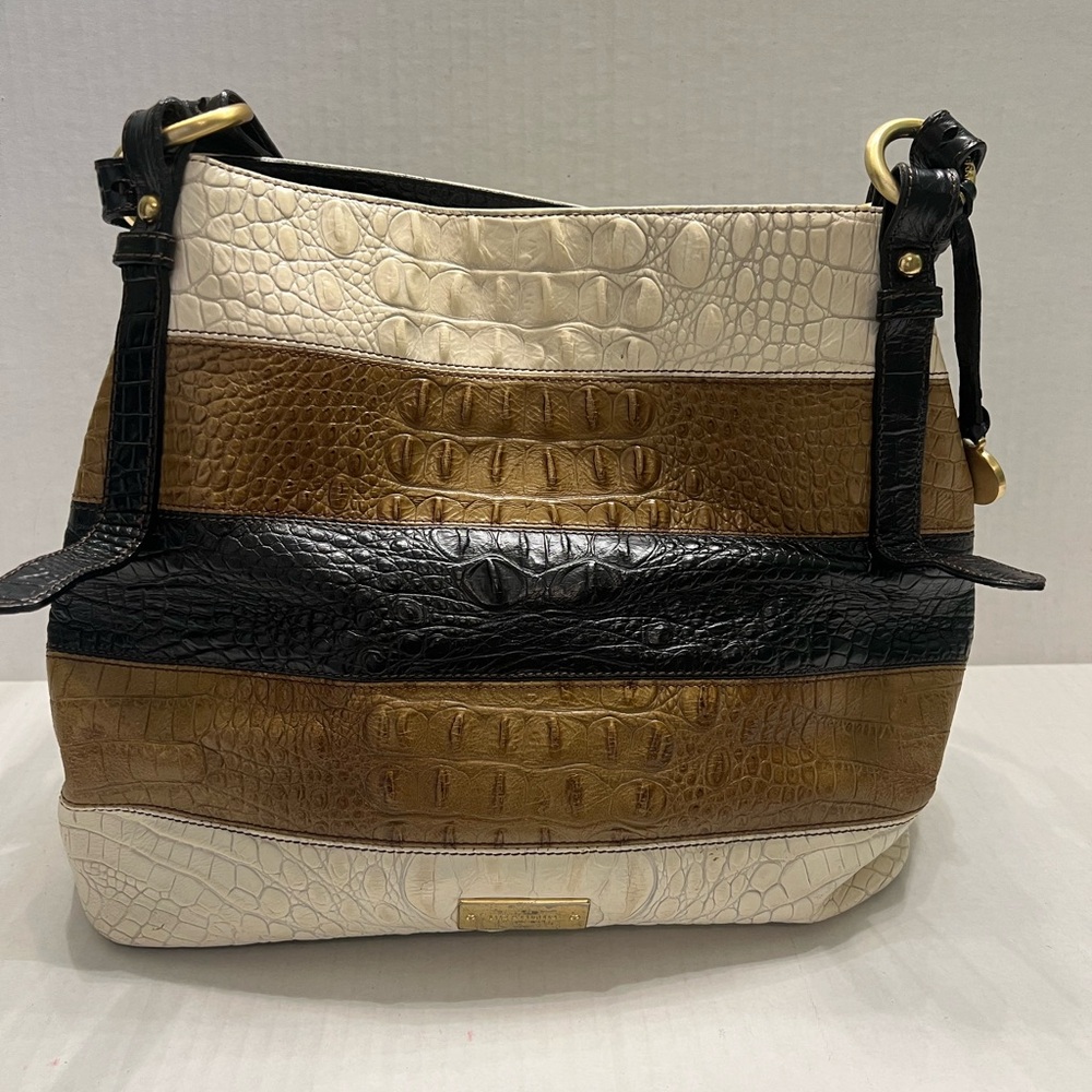 Brahmin Cream, Brown, and Black Croc-Embossed Shoulder Bag AS-IS
